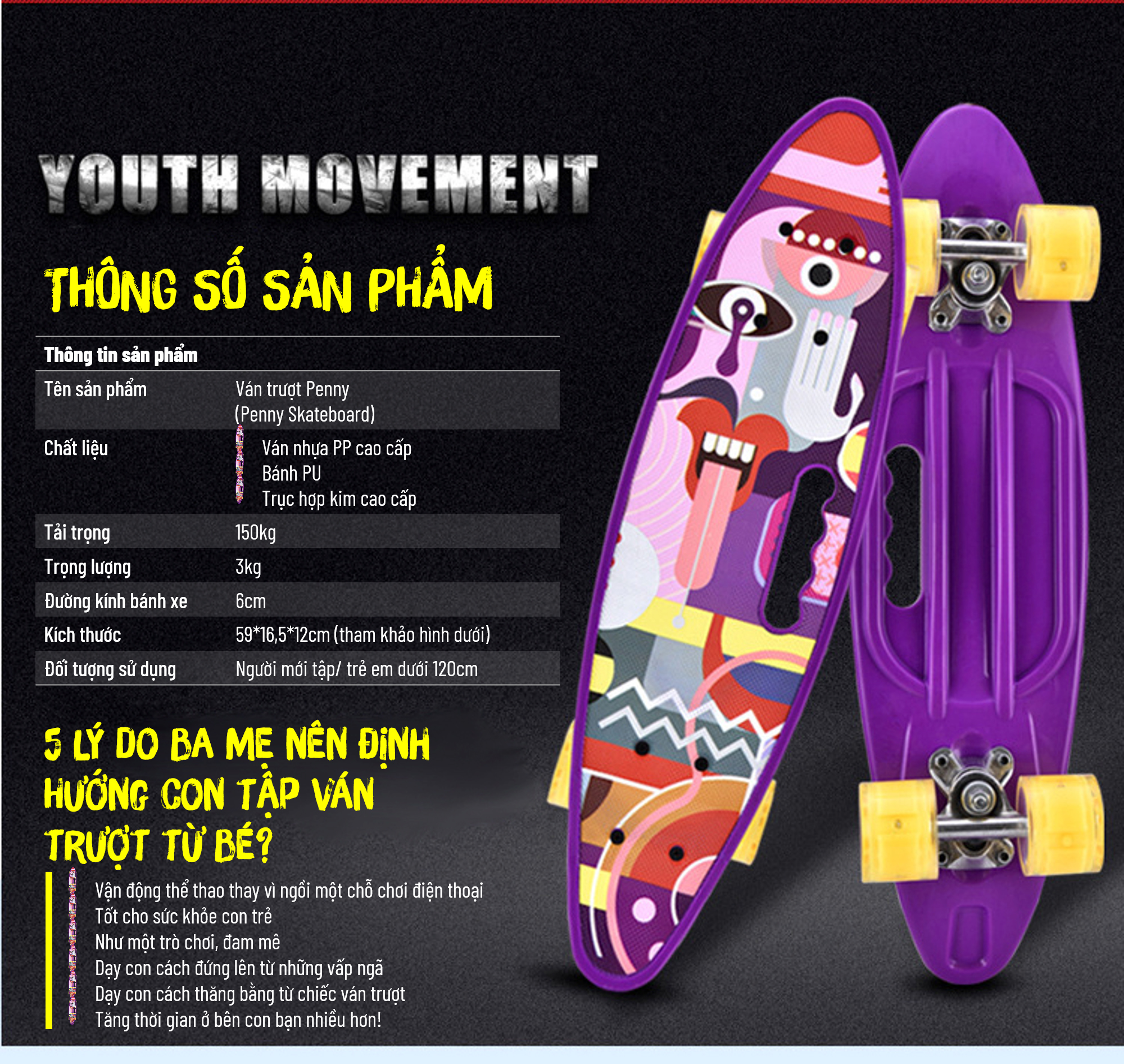 Ván Trượt Skateboard Penny - Có Tay Cầm - Trục Kim Loại To - Bánh Cao Su Có Đèn Led (Kích Thước 56 x 10 x 13 cm)