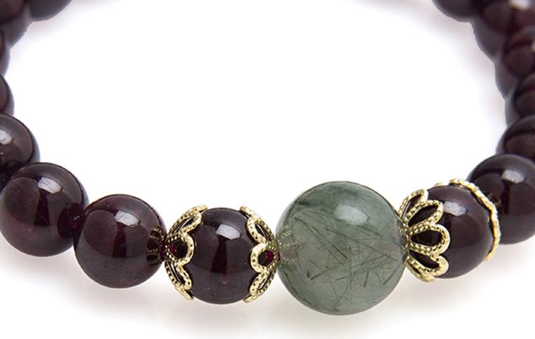 Gembank Vòng Tay Đá Hồng Thạch Lựu Garnet Mix Đá Thạch Anh Tóc Xanh Tự Nhiên 9MM