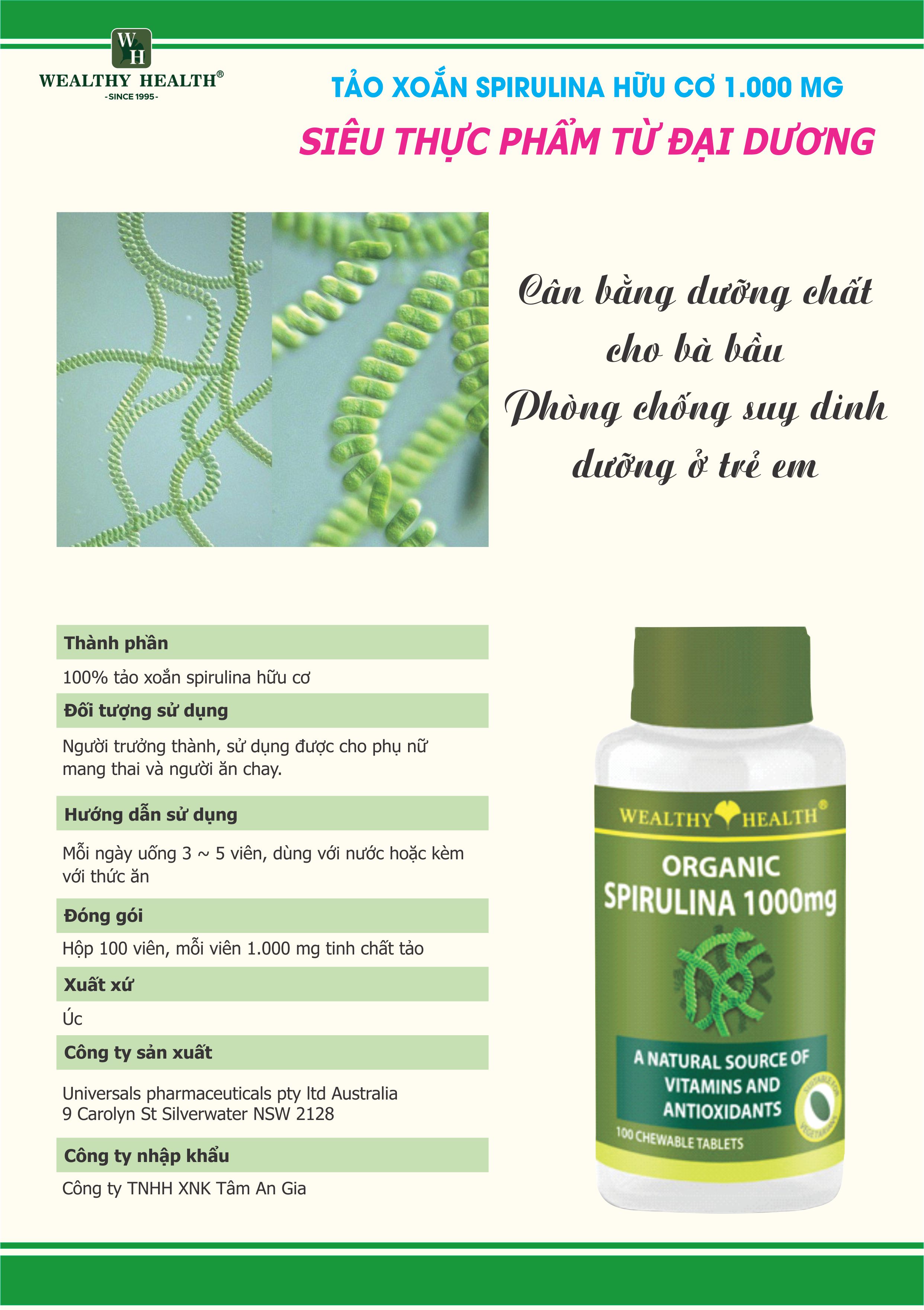 VIÊN UỐNG TẢO XOẮN SPIRULINA ORGANIC WEALTHY HEALTH HỘP 100V