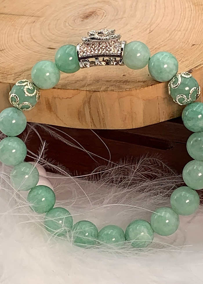 Vòng Đá Thạch Anh Xanh Vân 8 Ly Charm Hoa Đá Bạc