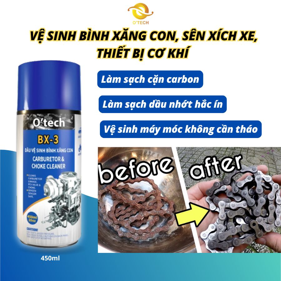 Bình xịt tẩy rửa dầu nhớt, vệ sinh bình xăng con O'TECH BX-3 (450ml) carburetor & choke cleaner, carbon cleaner