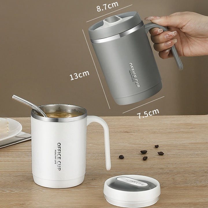 Cốc ly văn phòng dùng uống trà, cà phê, loại 2 lớp trong inox 304 ngoài nhựa PP, dung tích lớn 500ml kèm ống hút