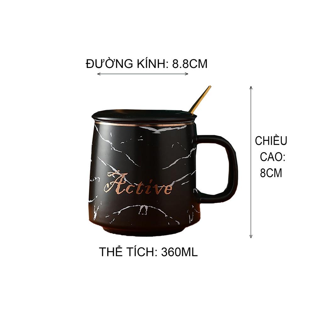 `Cốc uống nước thủy tinh, Ly nước có nắp, cute tết sang trọng kèm muỗng và nắp sứ 360ml