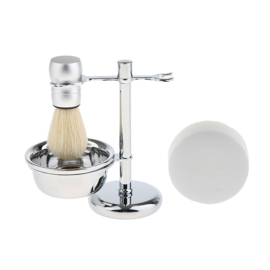 4 in 1 Men's Shaving Kit Soft Nylon Hair Brush + Stainless Steel Shaver Holder Stand & Bowl/Mug + Soap