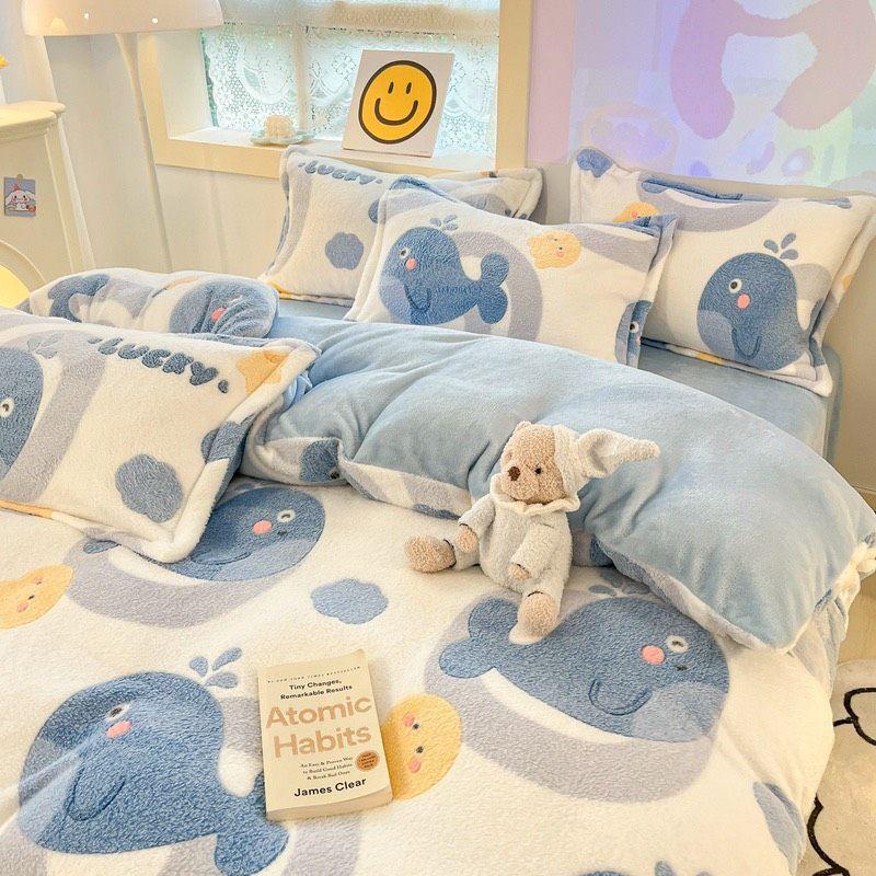 Bộ chăn ga gối nỉ nhung 3D Nhập Khẩu mẫu đáng yêu, vải mềm dày dặn