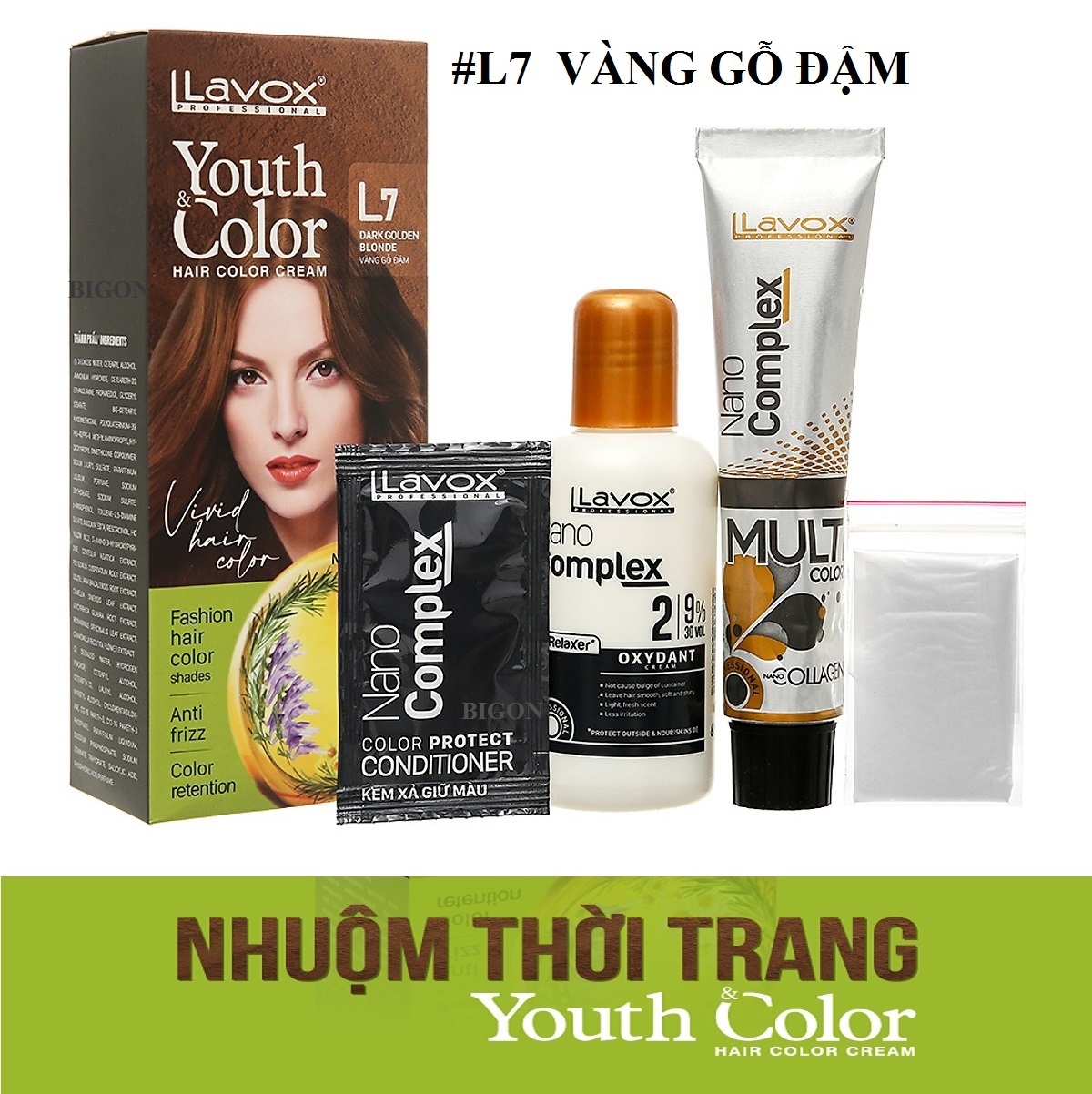 (Vàng Gỗ Đậm) Kem Nhuộm Dưỡng Tóc Màu Thời Trang Lavox Youth&amp;Color L7 - Dark Golden Blode