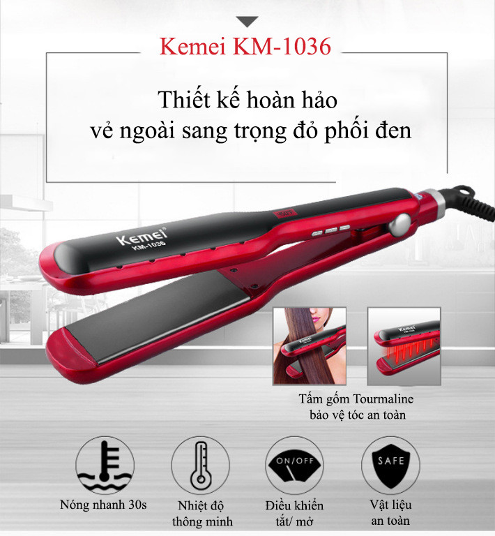 Máy duỗi, ép tóc cao cấp KEMEI KM-1036 tiện lợi chuyên nghiệp điều chỉnh 10 mức nhiệt độ có màn hình LED hiển thị dùng để duỗi thẳng, ép, uốn xoăn tóc, uốn cụp đuôi dễ dàng, thích hợp sử dụng cho salon và gia đình