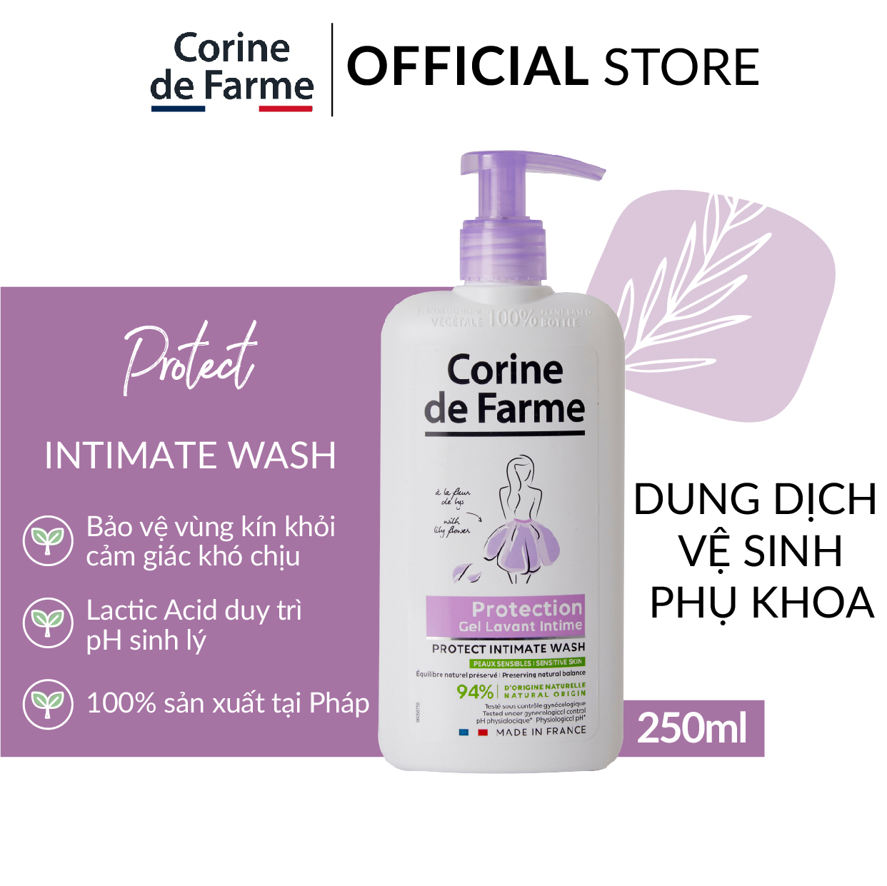 Gel Vệ Sinh Phụ Nữ Corine de Farme Protect Intimate Wash 250ml