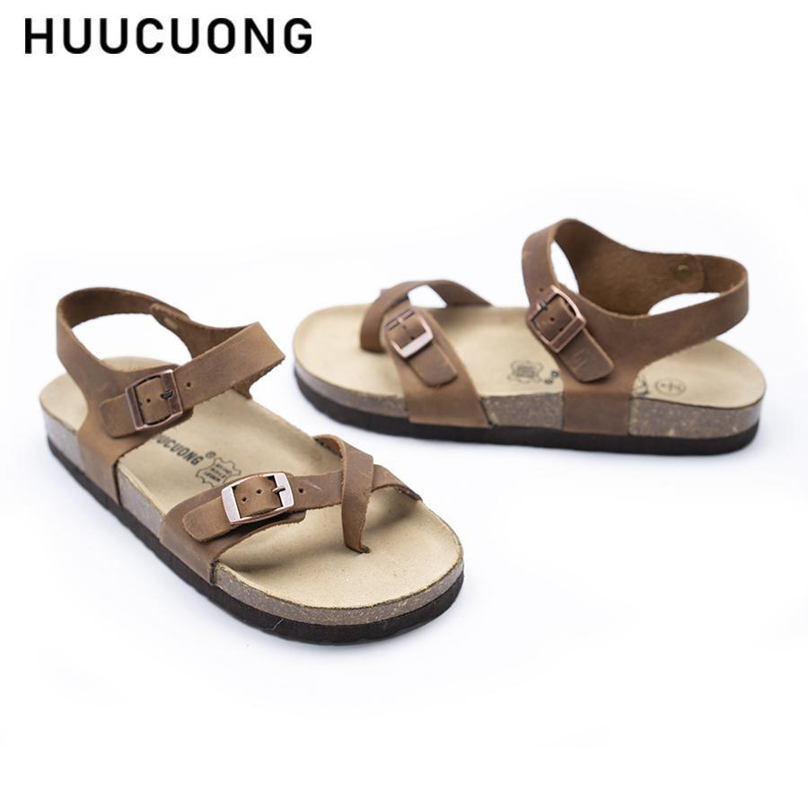 Sandal HuuCuong xỏ ngón da bò nâu đế trấu