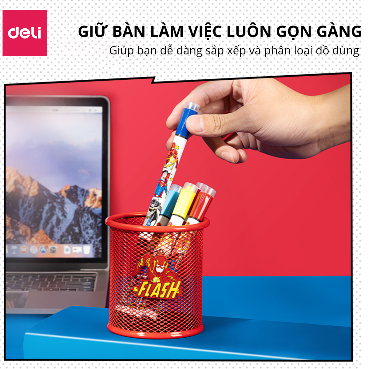 Hộp đựng bút siêu anh hùng chủ đề Liên minh công lý Deli, ống đựng cắm bút đa năng tiện lợi lưới kim loại để bàn