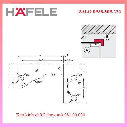 Kẹp kính chữ L inox mờ 981.00.030