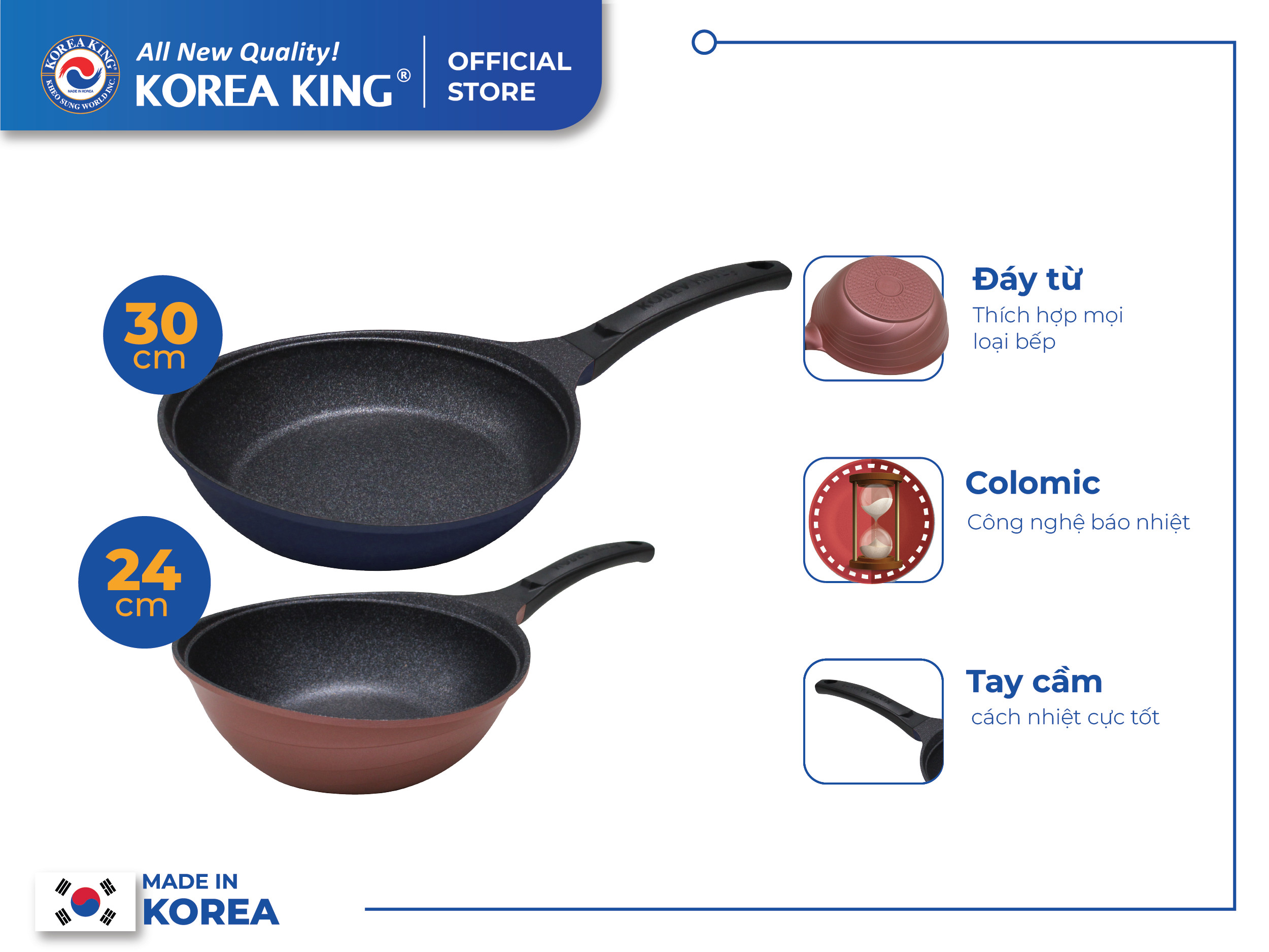 Combo 2 chảo sâu, cạn Colormic Korea King (1 chảo cạn 30cm và 1 chảo sâu 24cm)-Hàng chính hãng