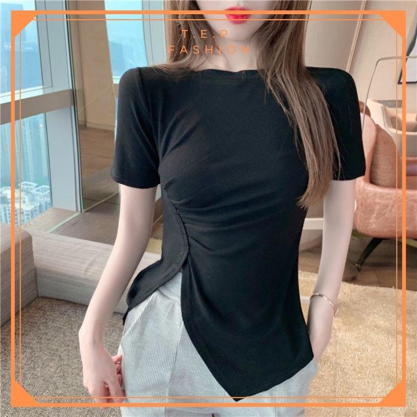 Áo Phông Nữ Ngắn Tay Cổ Tròn Nhún Eo Xẻ Tà Cách Điệu Tep Fashion - AP009