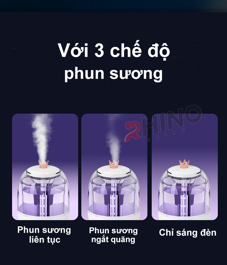 Máy phun sương xông tinh dầu tạo ẩm Rhino H105 dung tích 1000ml, không gây tiếng ồn, tích hợp đèn ngủ RGB nhiều màu