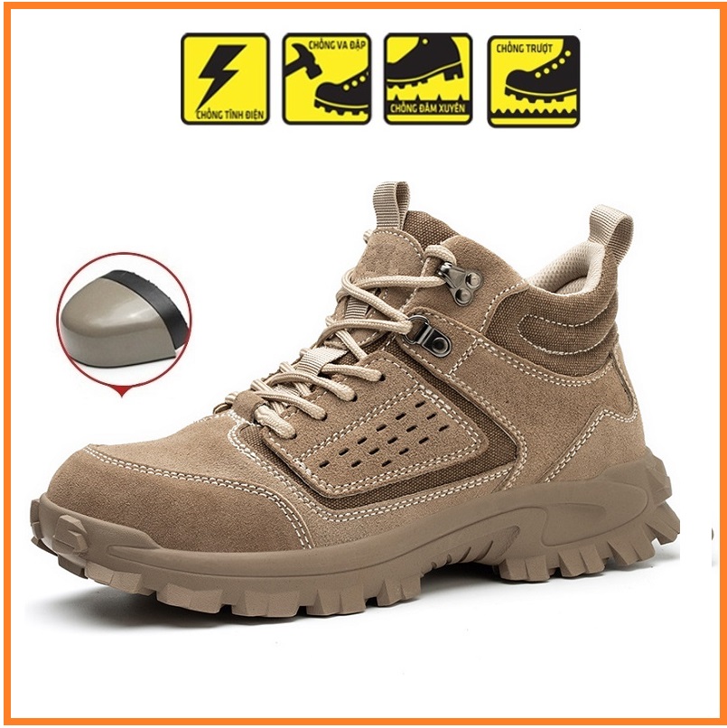 Giày Bảo Hộ GBH13 Chống Đinh Kiểu Dáng Thể Thao Màu Nâu Da Lộn-Giày Cổ Cao Bảo Vệ Chống Va Đập , Đâm Xuyên