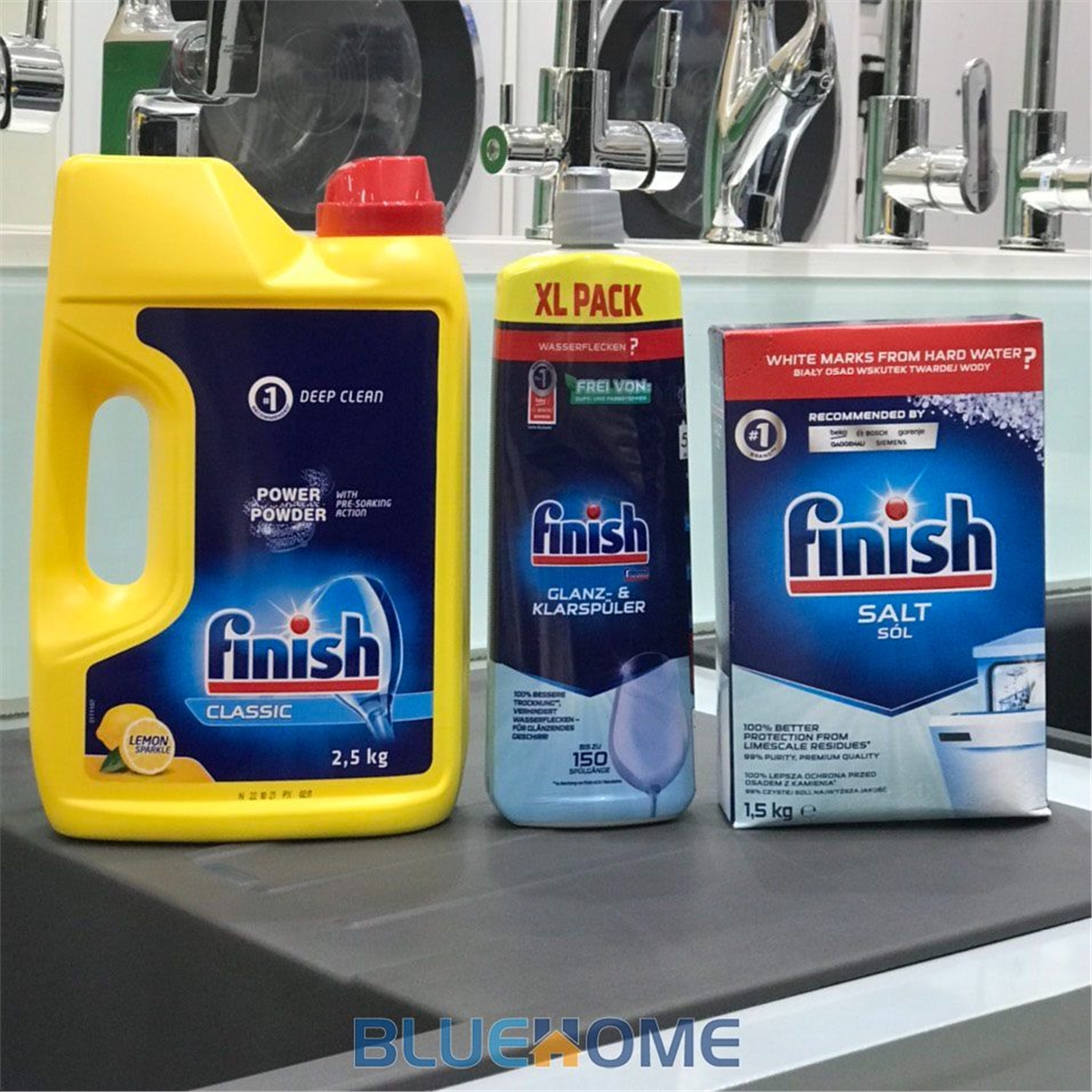 Combo Bột rửa bát Finish 2.5kg + Muối rửa bát Finish 1.5kg + dung dịch nước làm bóng bát Finish 750ml nhập khẩu Ba Lan