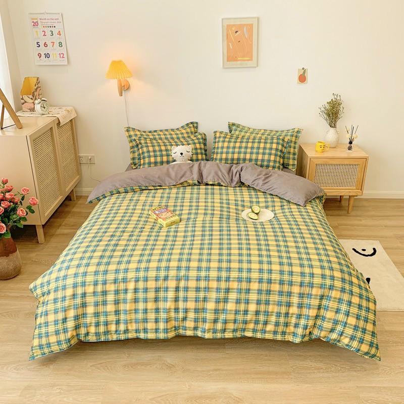 Bộ chăn ga Cotton Poly M2T bedding kẻ xanh vàng, vỏ chăn mền, drap giường và 2 vỏ gối