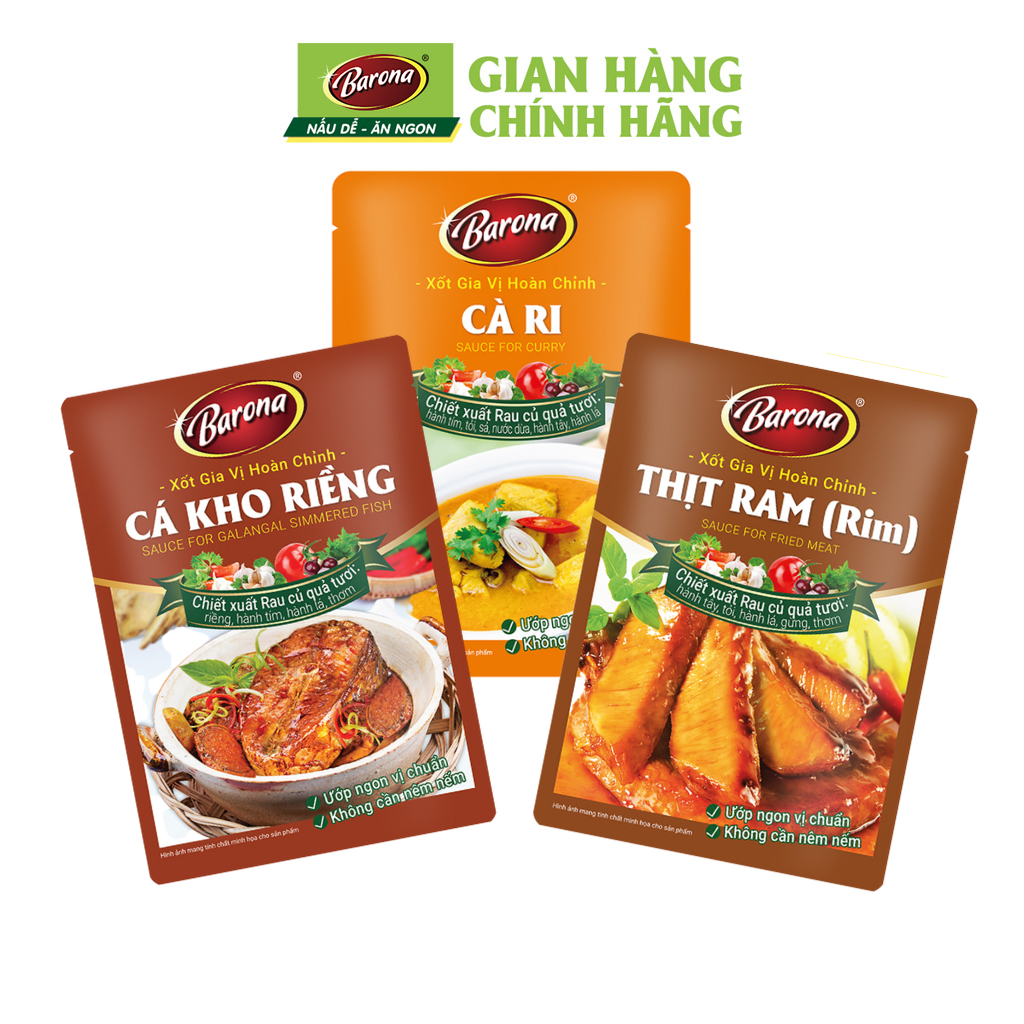 Combo Xốt gia vị hoàn chỉnh Barona: 1 gói Cá kho riềng  + 1 gói Thịt Ram   + 1 gói Cà ri