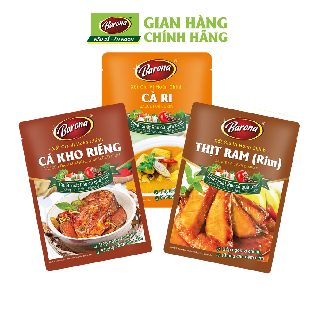 Combo Xốt gia vị hoàn chỉnh Barona: 1 gói Cá kho riềng (80gr) + 1 gói Thịt Ram (Rim) (80gr) + 1 gói Cà ri (80gr)