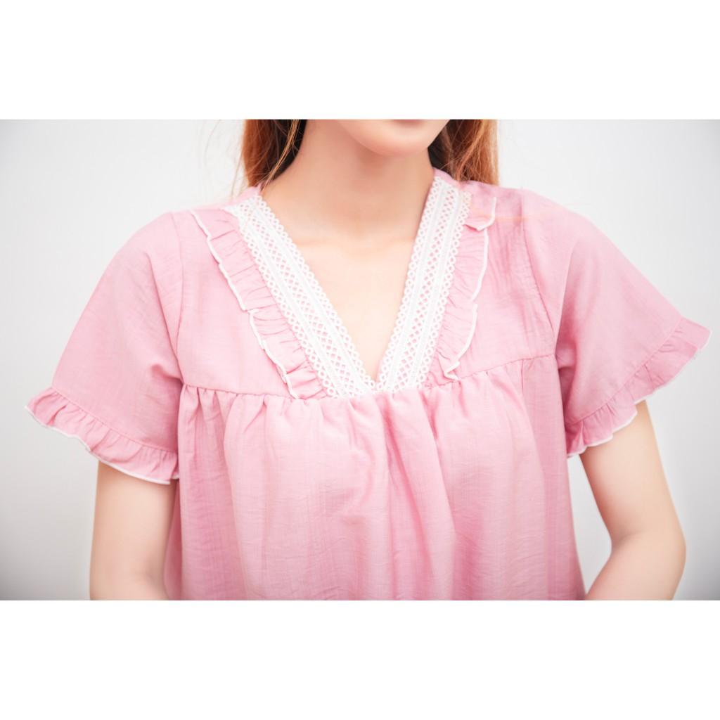 Đồ Mặc Nhà Tơ Nilen Hồng Cổ Tim