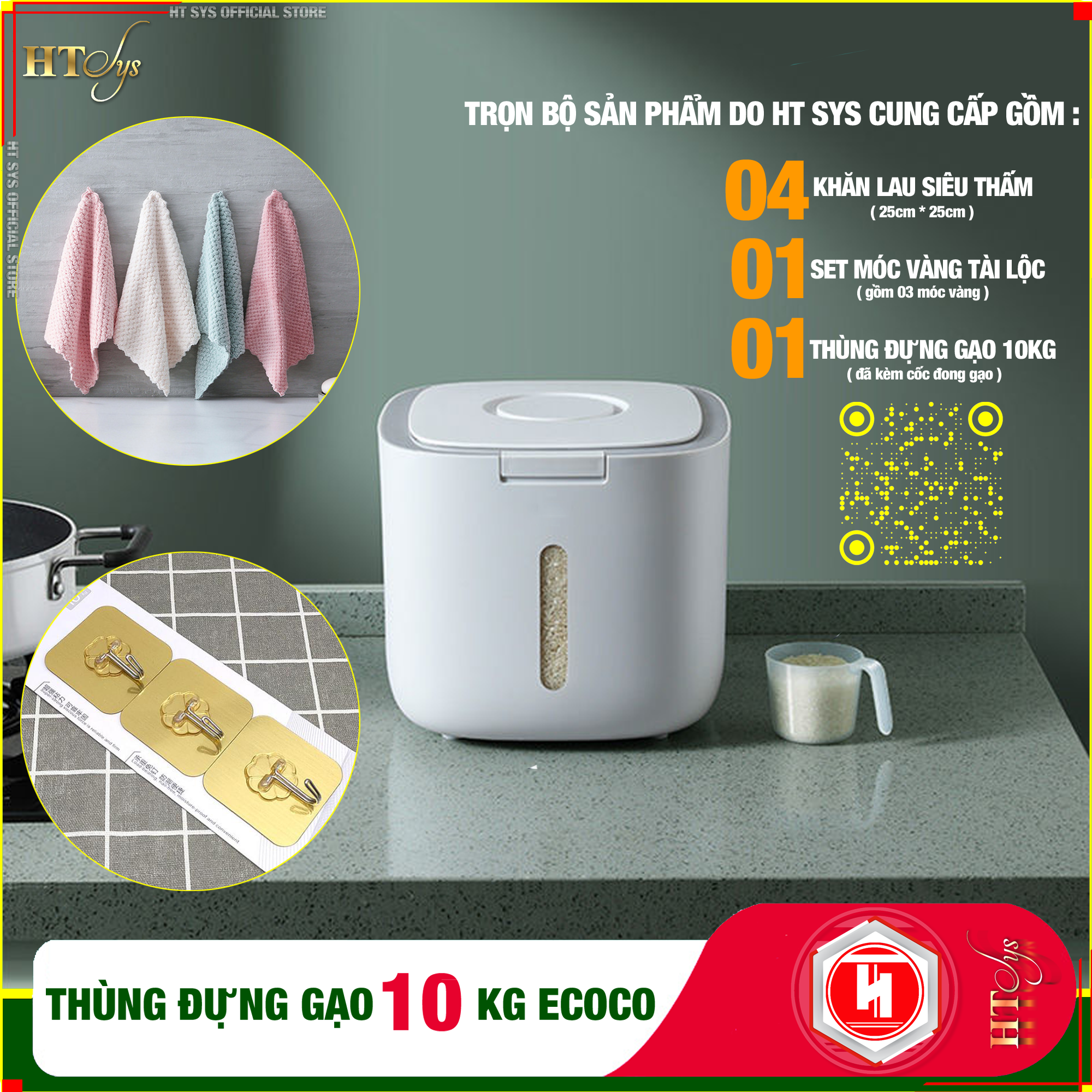 [ComBo] Thùng đựng gạo thông minh 10kg HT SYS -  ECOCO - E2005, thiết kế dạng nhấn nút, chất liệu ABS cao cấp + 01 Vỉ móc Vàng Tài Lộc + 04 Khăn lau siêu thấm