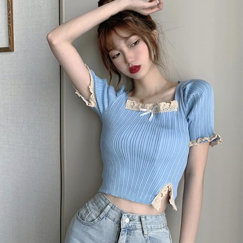 HÀNG CAO CẤP -  Áo Dệt Kim Ngắn Tay Cổ Vuông Phối Ren Xinh Xắn Cho Nữ - Hàng Cao Cấp