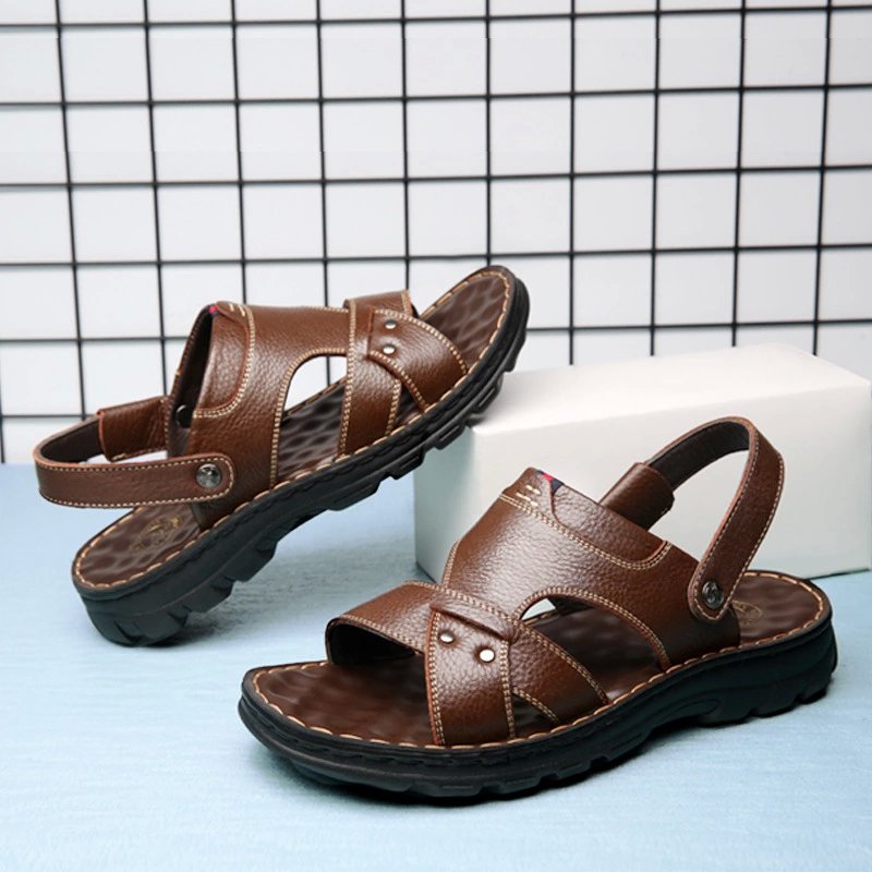 Dép sandals cho nam bằng da thật thiết kế đế mềm kiểu dáng mới mã DQH10321