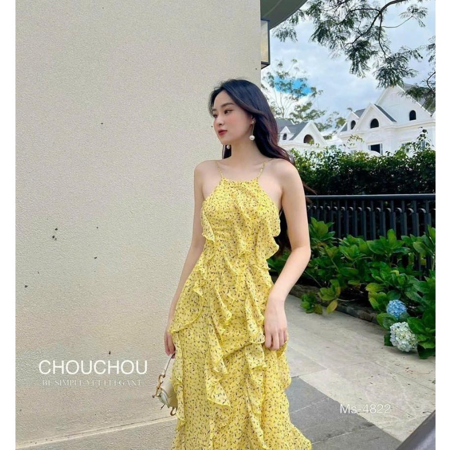 Đầm maxi voan hoa 2 lớp cao cấp phối bèo cột dây lưng