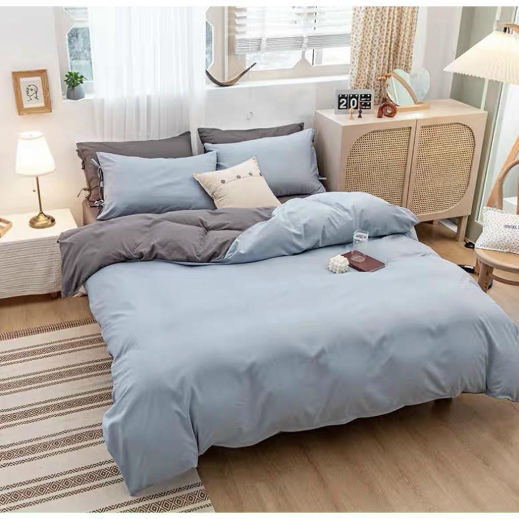 Bộ chăn ga Cotton Poly xanh dương nhạt ga ghi - Hàng nhập khẩu