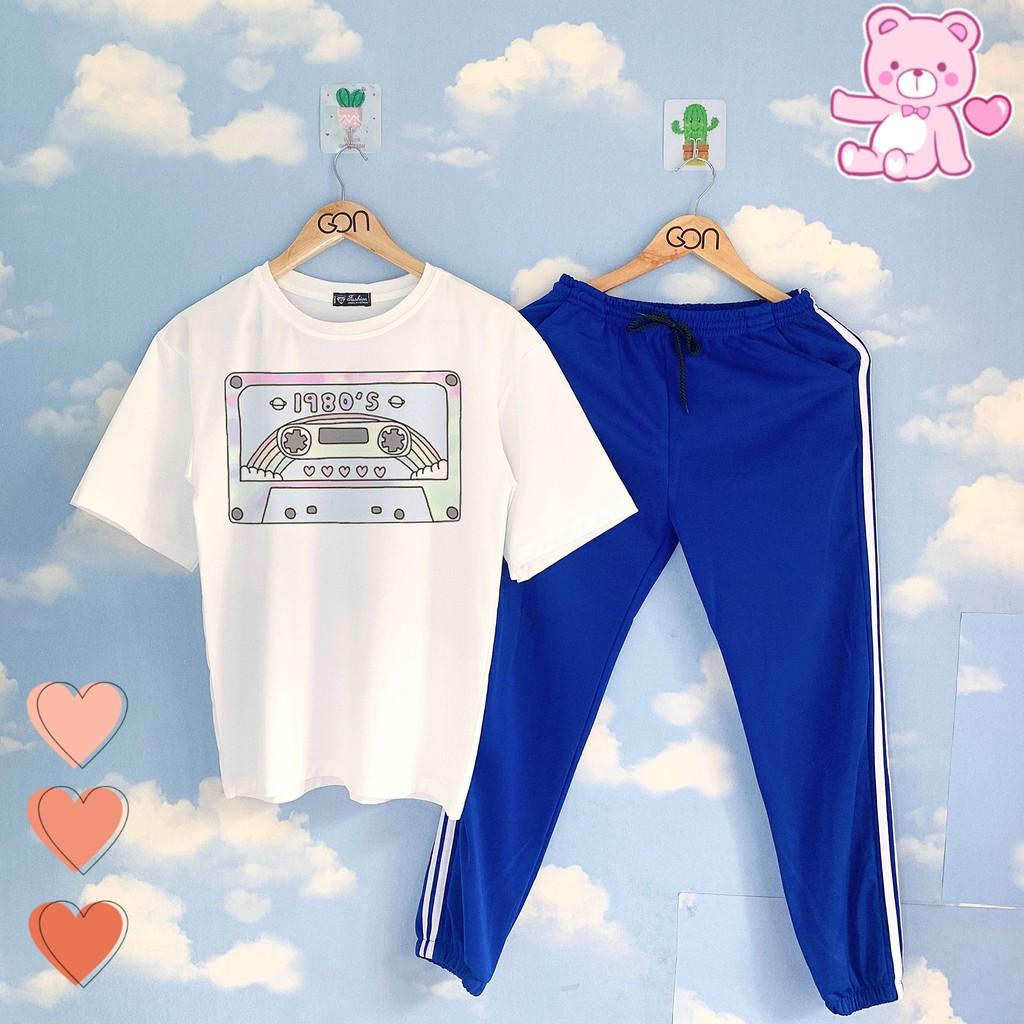 Set áo tay lửng quần thun 2 sọc XANH unisex, quần dài 2 sọc, 3 sọc Áo tay lỡ và quần thể thao