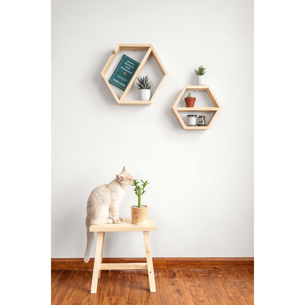 Combo 2 Kệ Lục giác gỗ treo tường trang trí Gỗ Thông như hình kích thước 30x30x10 cm và 40x40x10 cm