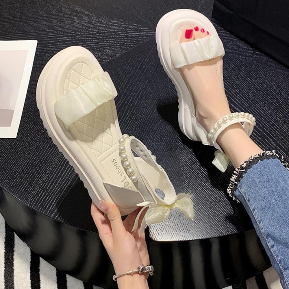 Sandal Nữ MWC 2936 - Sandal Đế Bánh Mì Hack Dáng, Giày Sandal Quai Ngang Nhún Tiểu Thư Phối Hạt Sang Chảnh