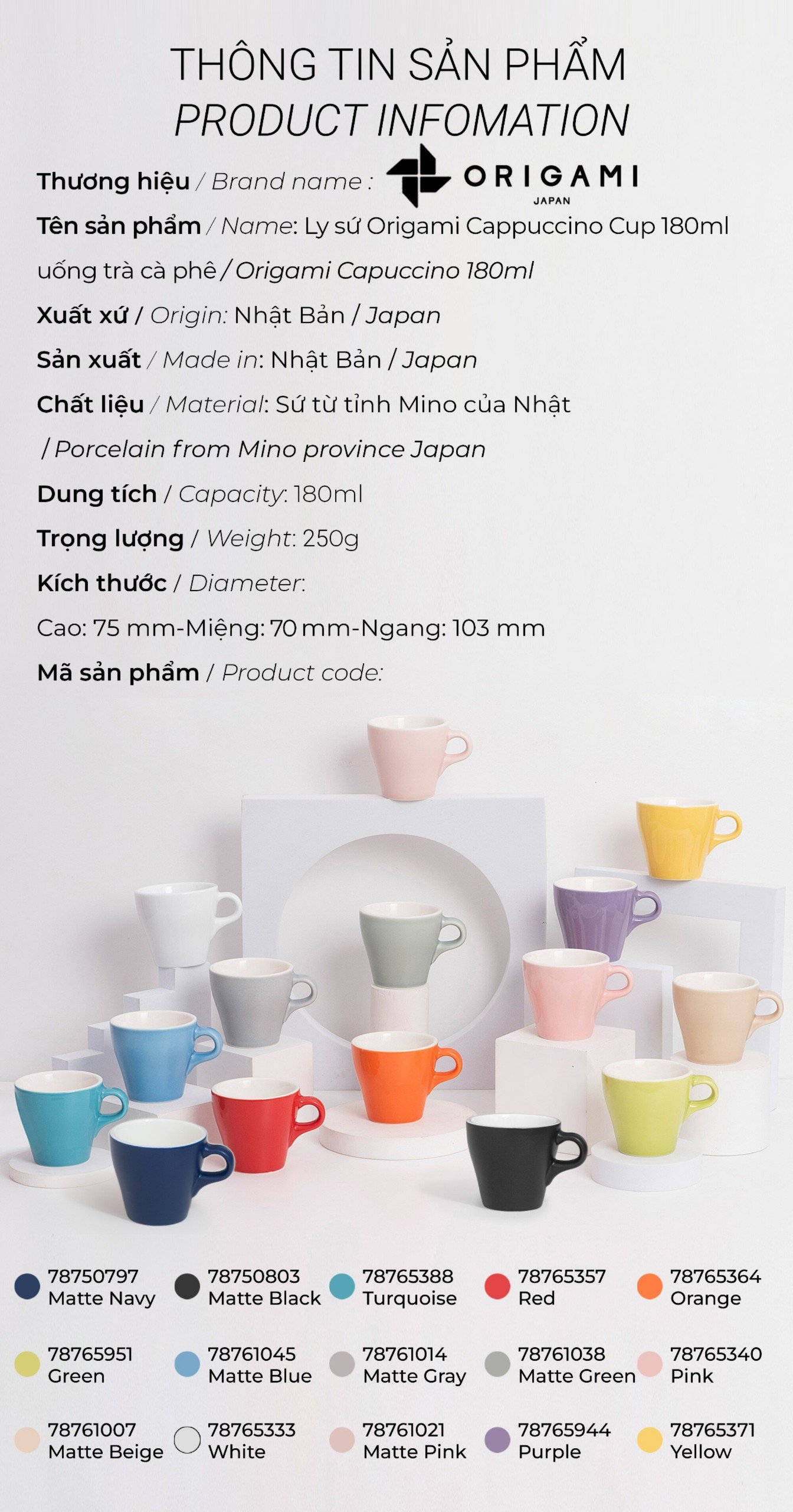Ly sứ Origami Cappuccino Cup 180ml uống trà cà phê