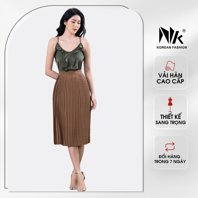 Chân Váy Dập Ly Công Sở NK Fashion Dáng Dài Basic, Chất Liệu Vải Cao Cấp Mềm Mịn NKCV2107001