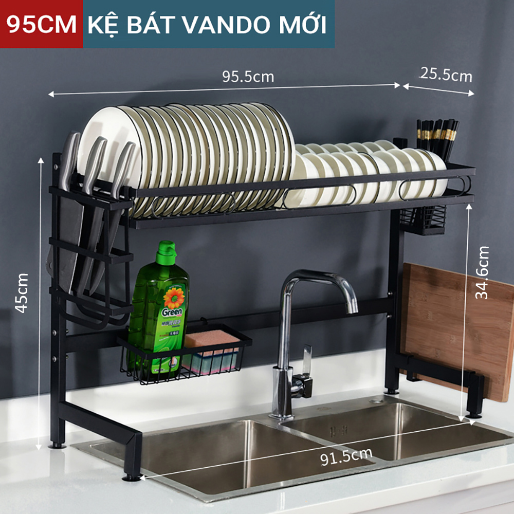 Kệ chén bát đa năng VANDO kích thước 1 tầng 95cm bằng thép carbon cao cấp không gỉ, giá để bát trên bồn rửa ráo nước cho nhà bếp sạch sẽ