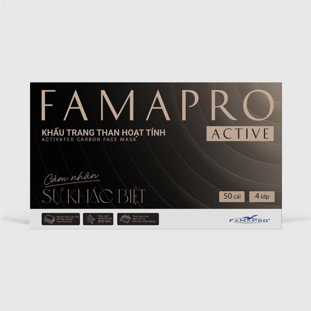 Khẩu trang Y tế 4 lớp Cao cấp Active Carbon Than hoạt tính Famapro hộp 50 chiếc dùng trong mỗi trường ô nhiễm ,khói bụi