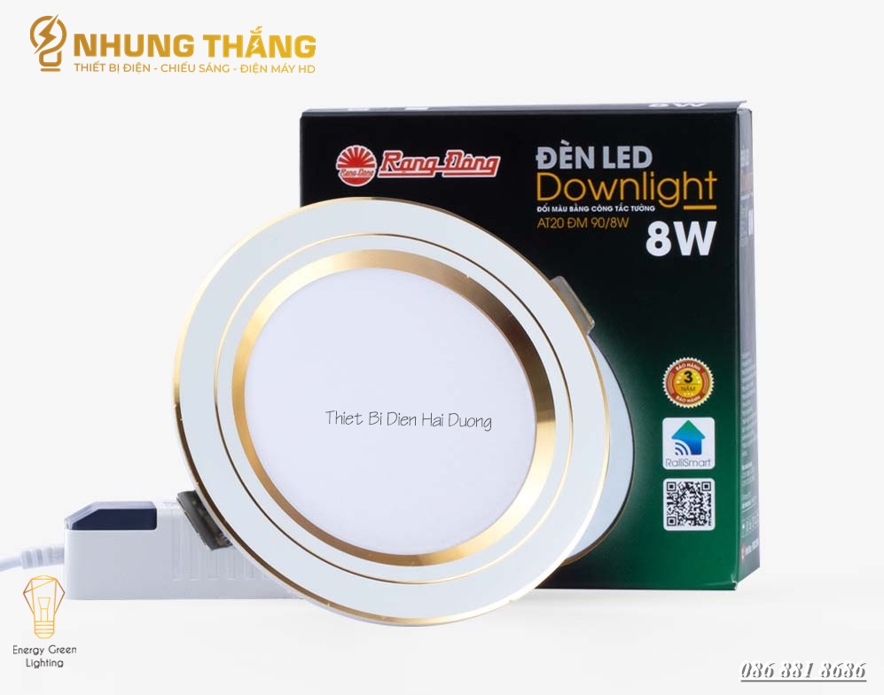 Combo Đèn Led Âm Trần Downlight Đổi Màu Rạng Đông AT20 ĐM - Công Suất 8w - Khoét Lỗ 90mm - Viền Vàng