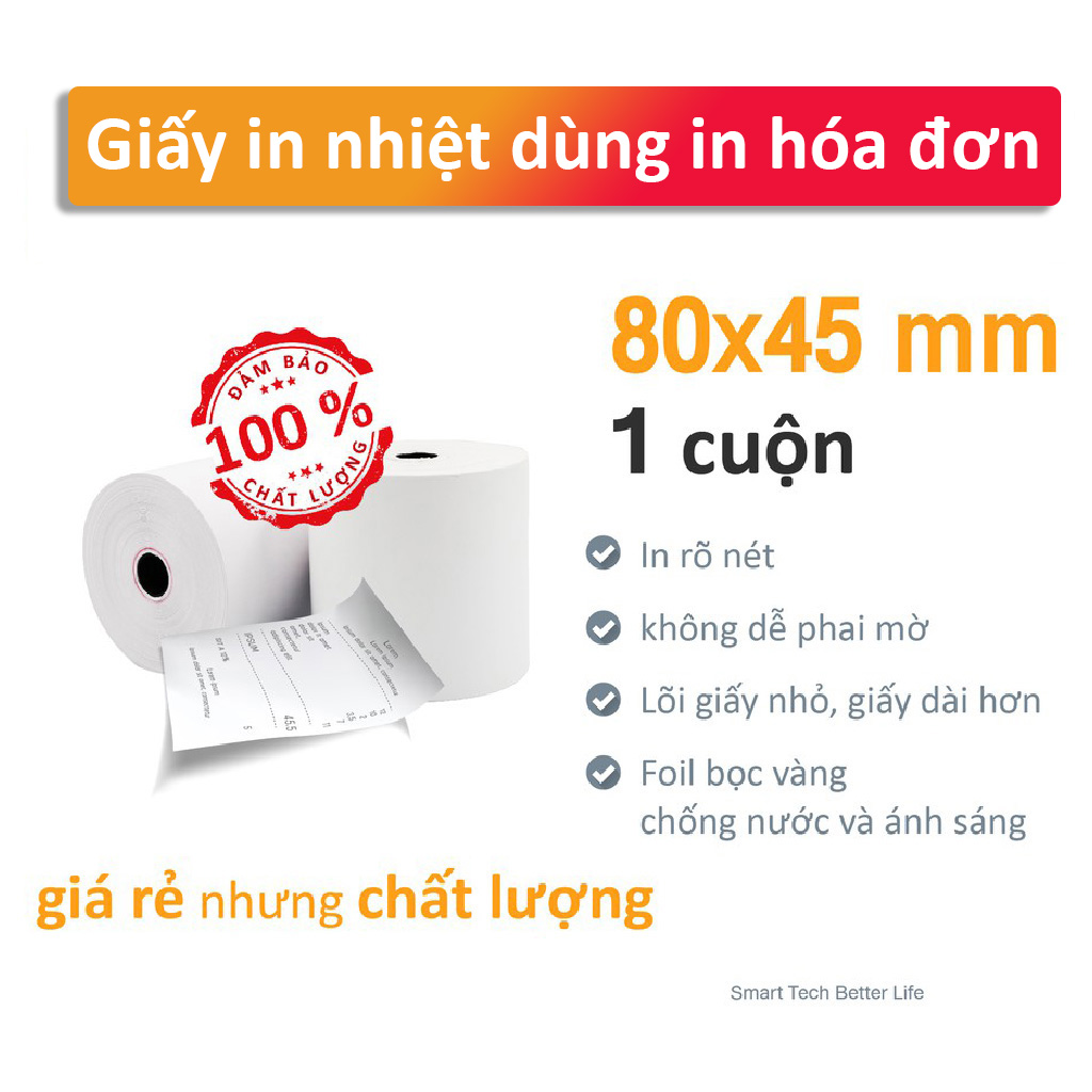 CUỘN LẺ Giấy in nhiệt K80, giấy in bill 80 x 45mm VAYO, lõi nhỏ siêu tiết kiệm, định lượng 65gsm - Hàng chính hãng