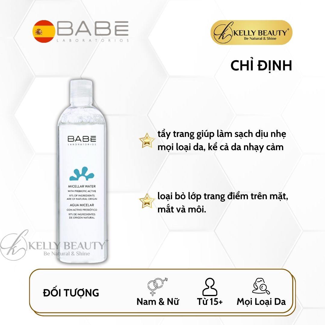 Nước Tẩy Trang BABE Micellar Water - Làm Sạch Dịu Nhẹ Vùng Mặt, Mắt, Môi; Dùng Được Cho Da Nhạy Cảm | Kelly Beauty