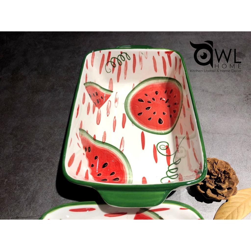 Thố chữ nhật họa tiết trái cây banana/water melon ceramic