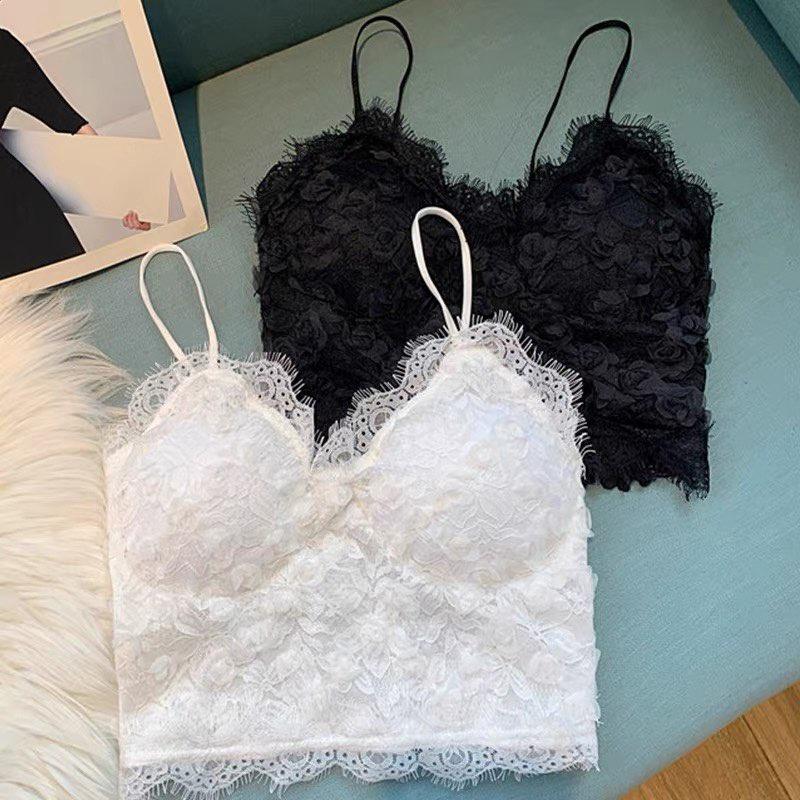 M46. Áo bra hoa hồng nổi, áo 2 dây croptopp ren hoa hồng nổi siêu xinh