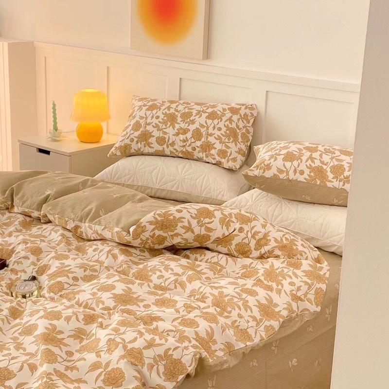 Bộ Chăn Ga Gối Cotton living 100%cotton Hàng Nhập Khẩu Cao Cấp 4 Món Hoa Hồng Vintage