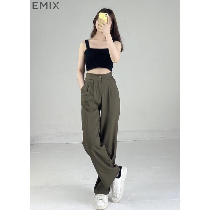 Quần suông nữ công sở EMIX (màu đen), basic, dáng dài, ống đứng, 2 ly, form rộng, cạp cao, lưng chun, chất ruby 220