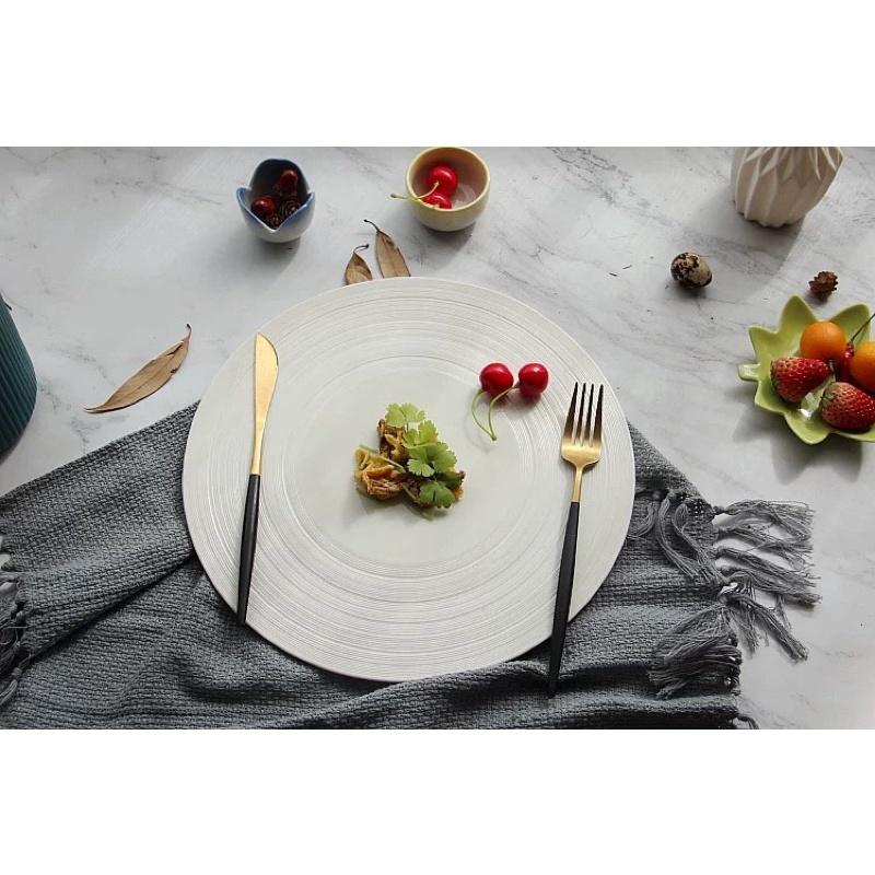 Đĩa sứ decor Size to 30 cm viền rộng Vân xoáy, đĩa Tấm phẳng nhà hàng 2 màu trắng đen
