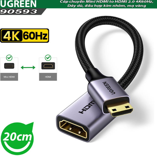 Cáp chuyển Mini HDMI sang HDMI 2.0 4K60Hz Ugreen 90593 (20cm, dây dù) - Hàng chính hãng