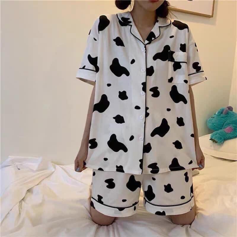 Bộ ngủ Pyjama in hình bò sữa&lt;FREE SIZE&gt; Bộ ngủ nữ siêu xinh,Bộ ngủ hoạt hình(kèm video ảnh thật)
