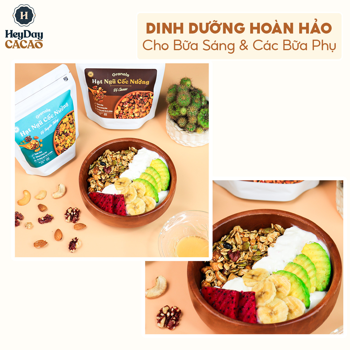 Granola nướng giòn tan - Vị truyền thống túi 400g - Dùng mật dừa nước, 0 trái cây sấy, GI thấp - Hạt ngũ cốc giảm cân - HeydayCacao