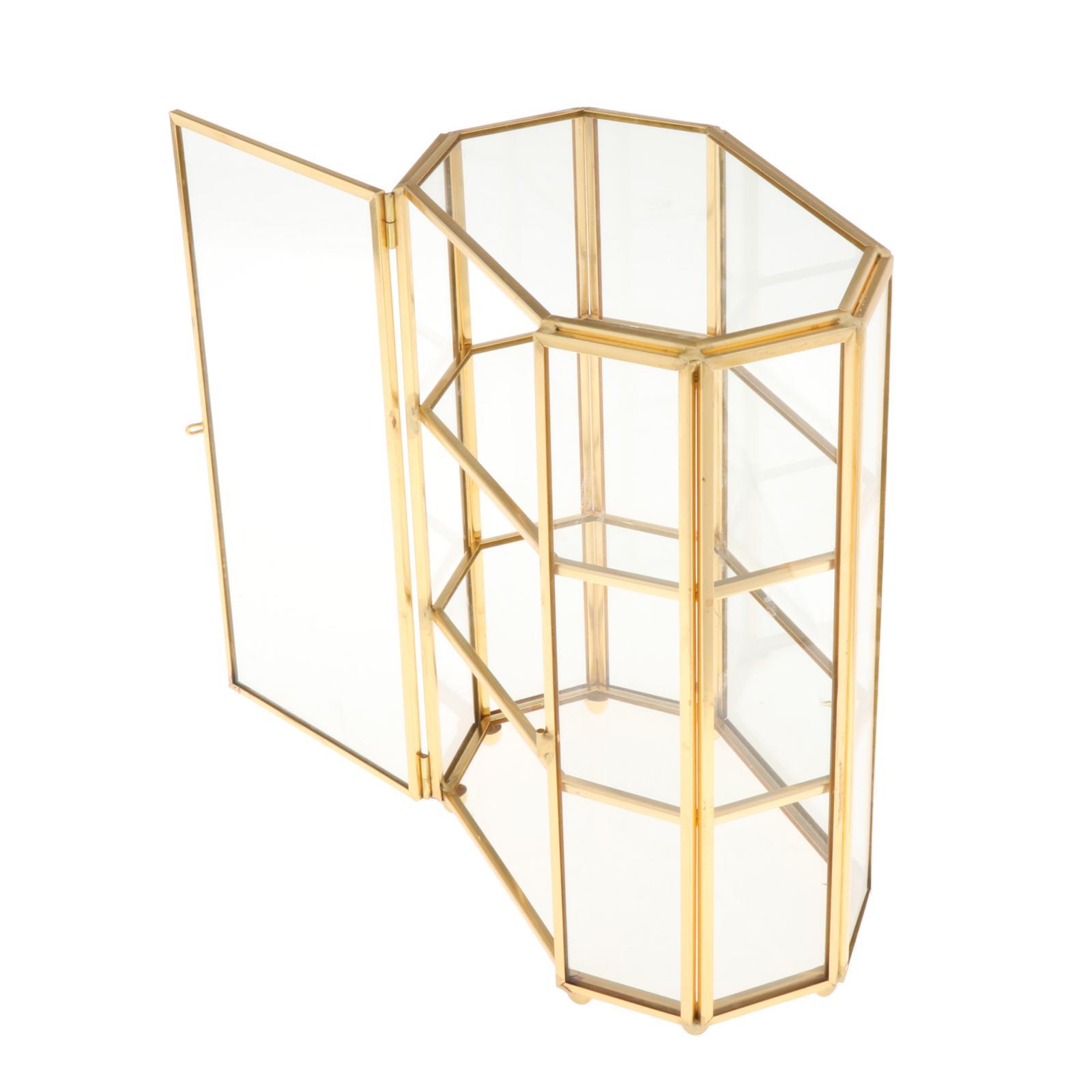 Golden Vintage Octagon Glass Jewelry Box Display Case Organizer for Trinkets, Necklace, Ring, Diamond, Flower 6.7"x4"x8.3"