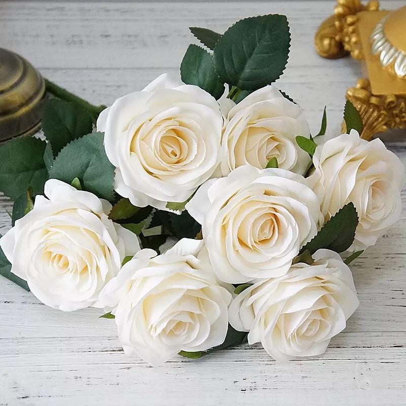 Hoa lụa, cành hồng nhung Pháp sang trọng cỡ lớn 8cm