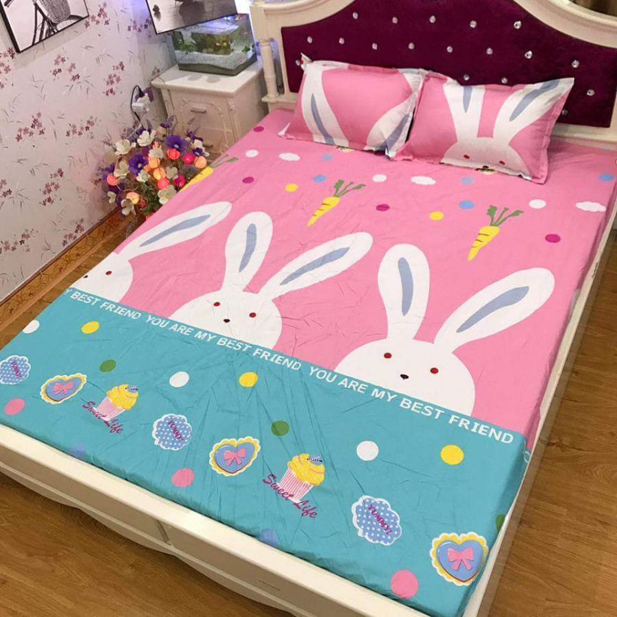 Set 3 món ga gối Poly cotton PL2 - Thỏ Hồng + Tặng 1 vỏ gối ôm - Tặng kèm 1 móc khóa Houston